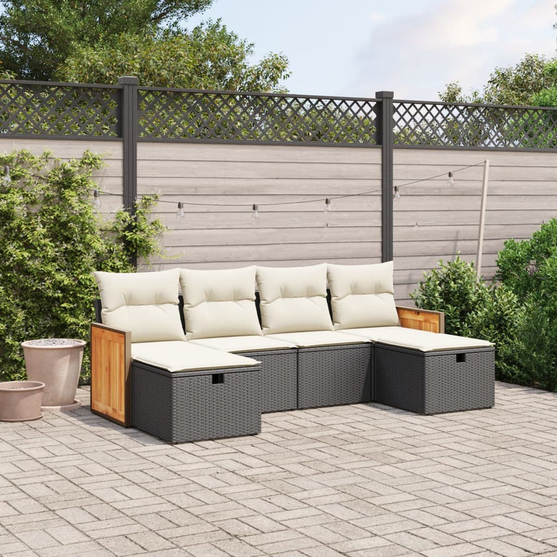 6-delige Loungeset met kussens poly rattan zwart