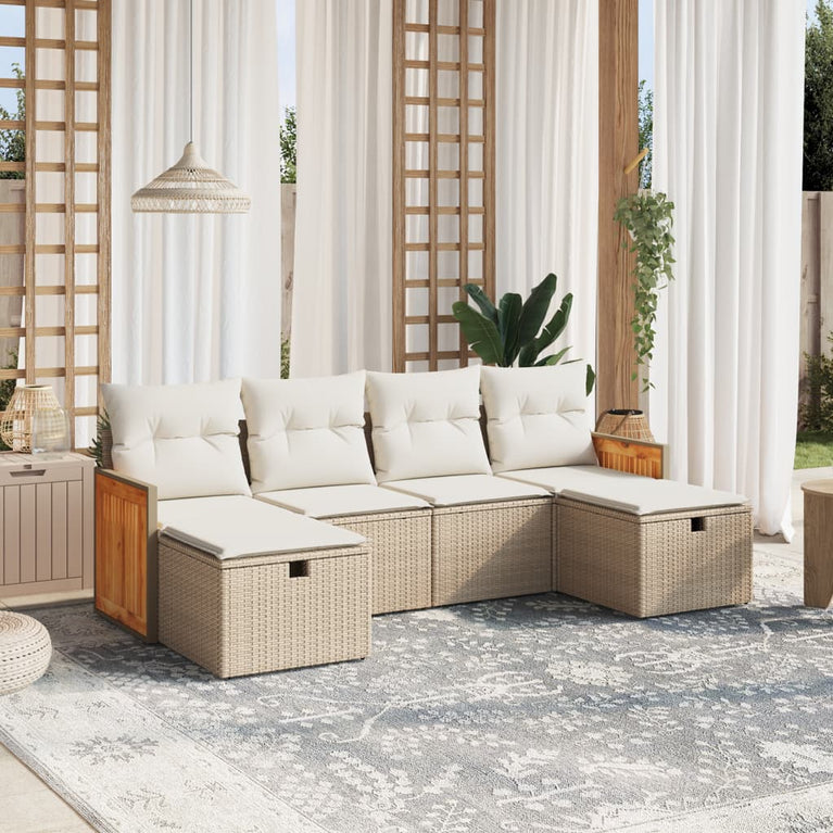 6-delige Loungeset met kussens poly rattan beige