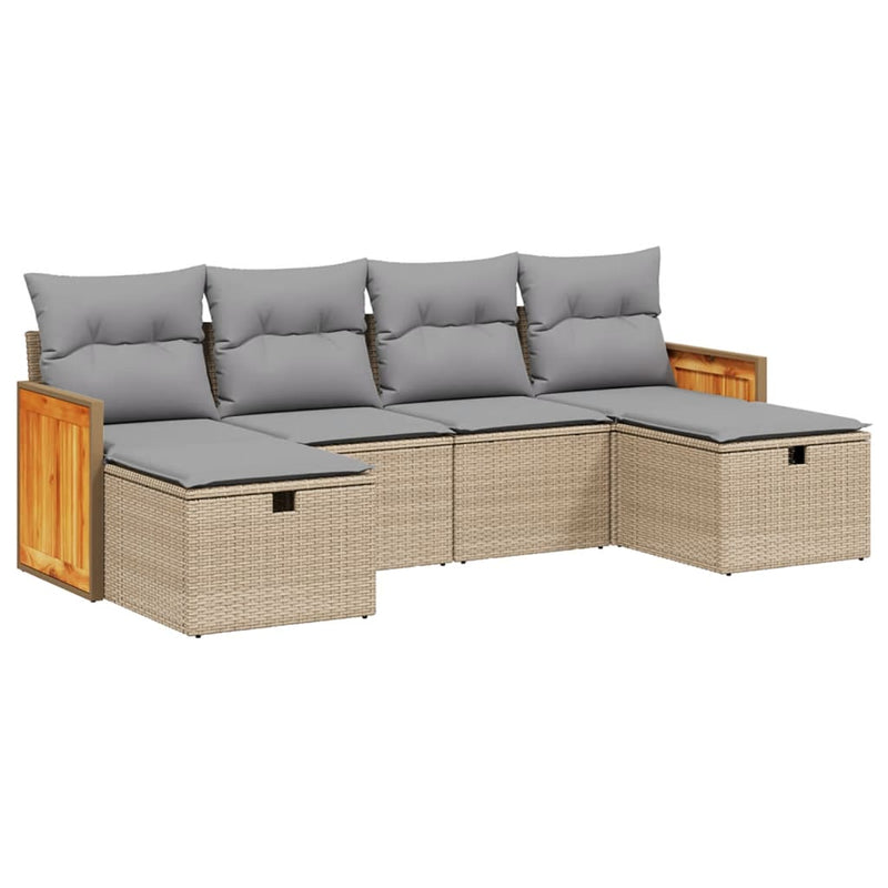 6-delige Loungeset met kussens poly rattan gemengd beige