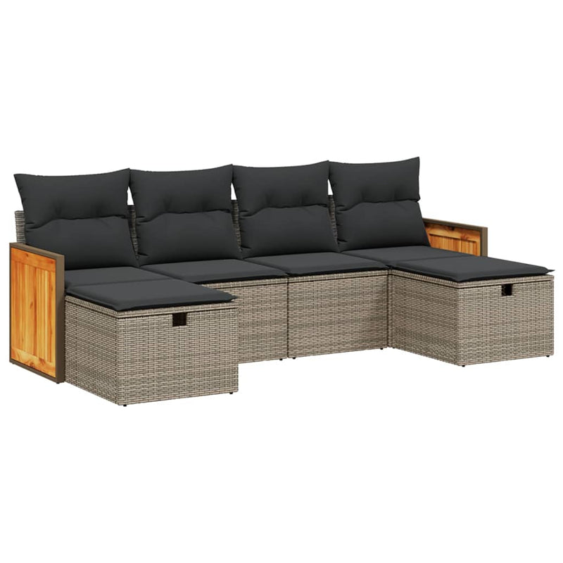 6-delige Loungeset met kussens poly rattan grijs