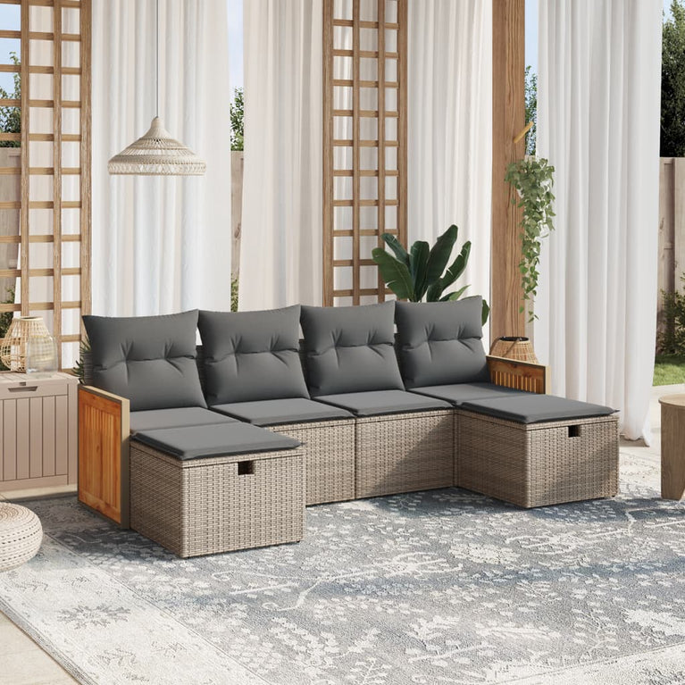 6-delige Loungeset met kussens poly rattan grijs