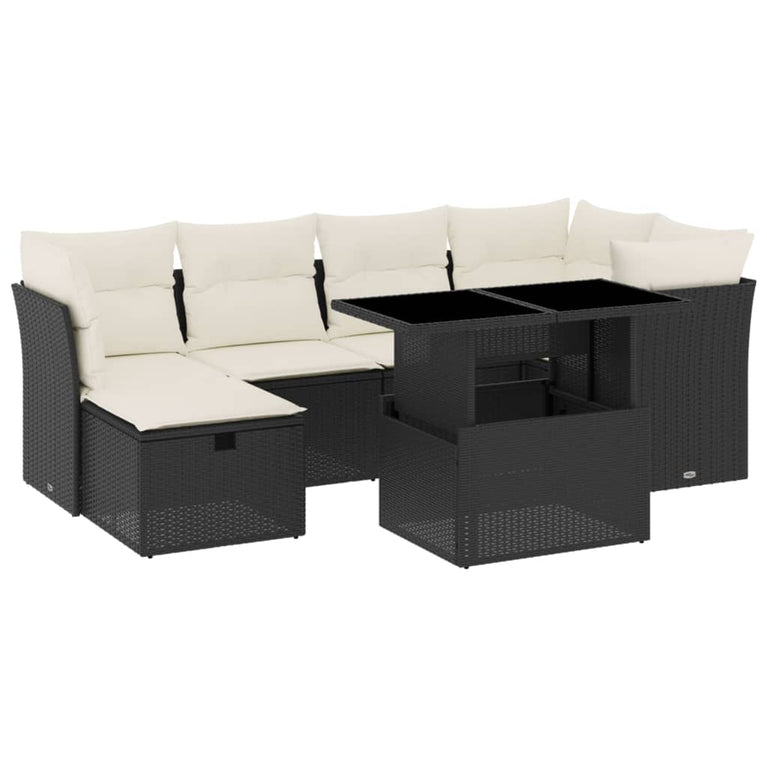 7-delige Loungeset met kussens poly rattan zwart