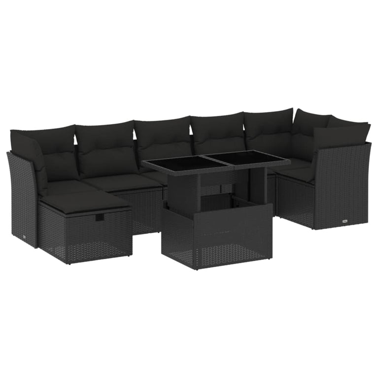 8-delige Loungeset met kussens poly rattan zwart