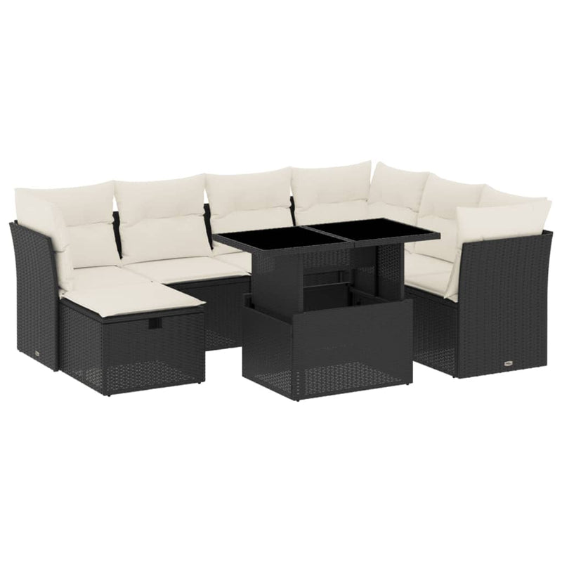 8-delige Loungeset met kussens poly rattan zwart