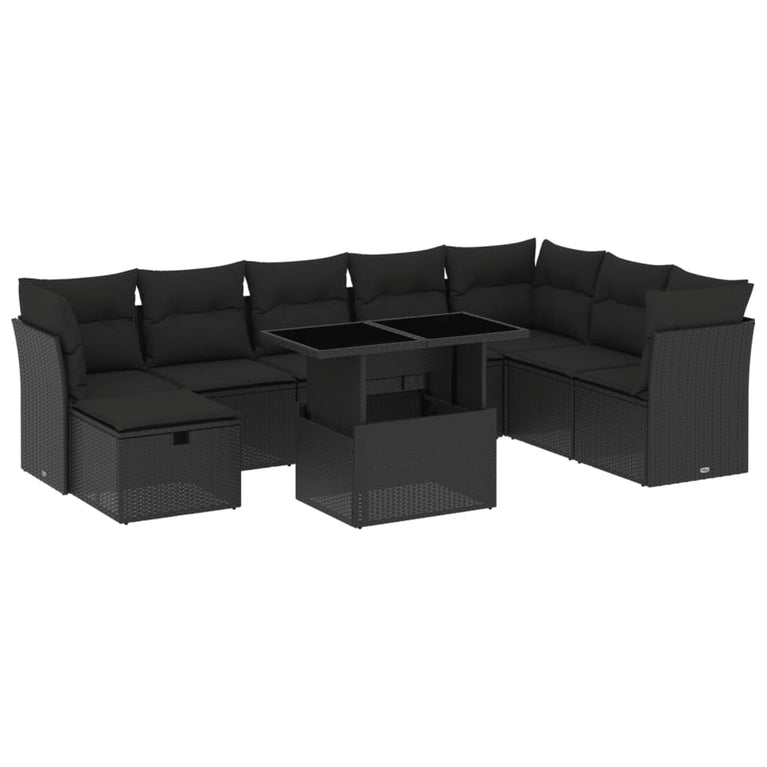 9-delige Loungeset met kussens poly rattan zwart