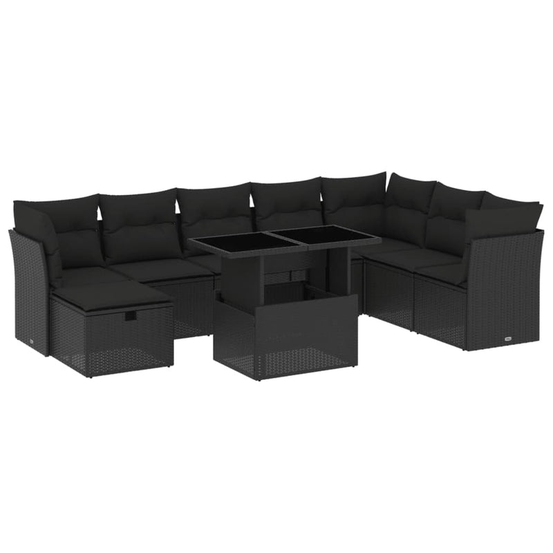 9-delige Loungeset met kussens poly rattan zwart