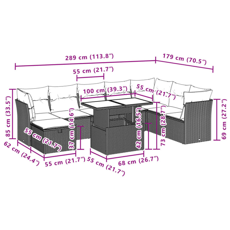 9-delige Loungeset met kussens poly rattan zwart
