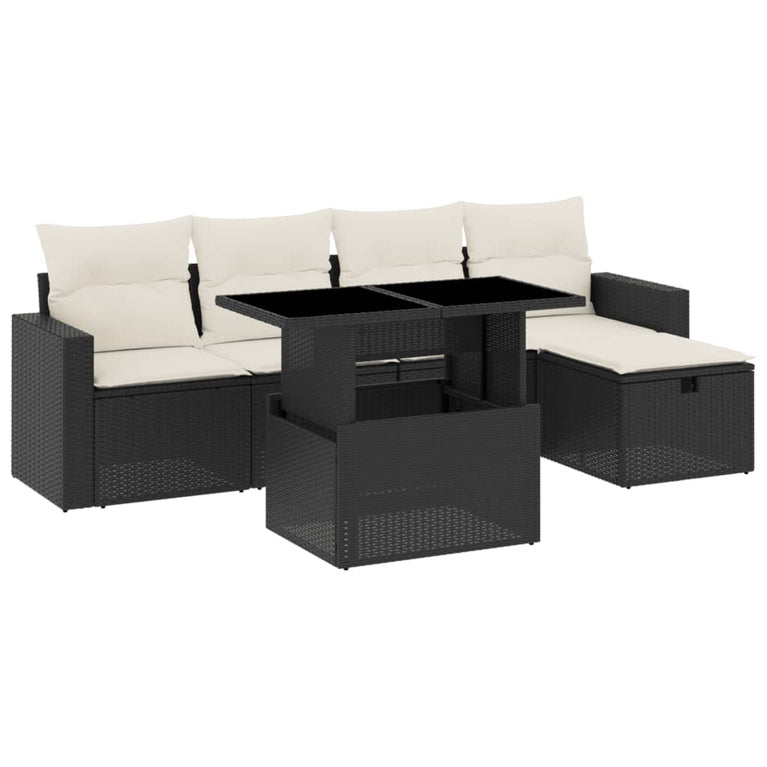 6-delige Loungeset met kussens poly rattan zwart