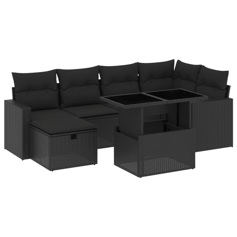 7-delige Loungeset met kussens poly rattan zwart