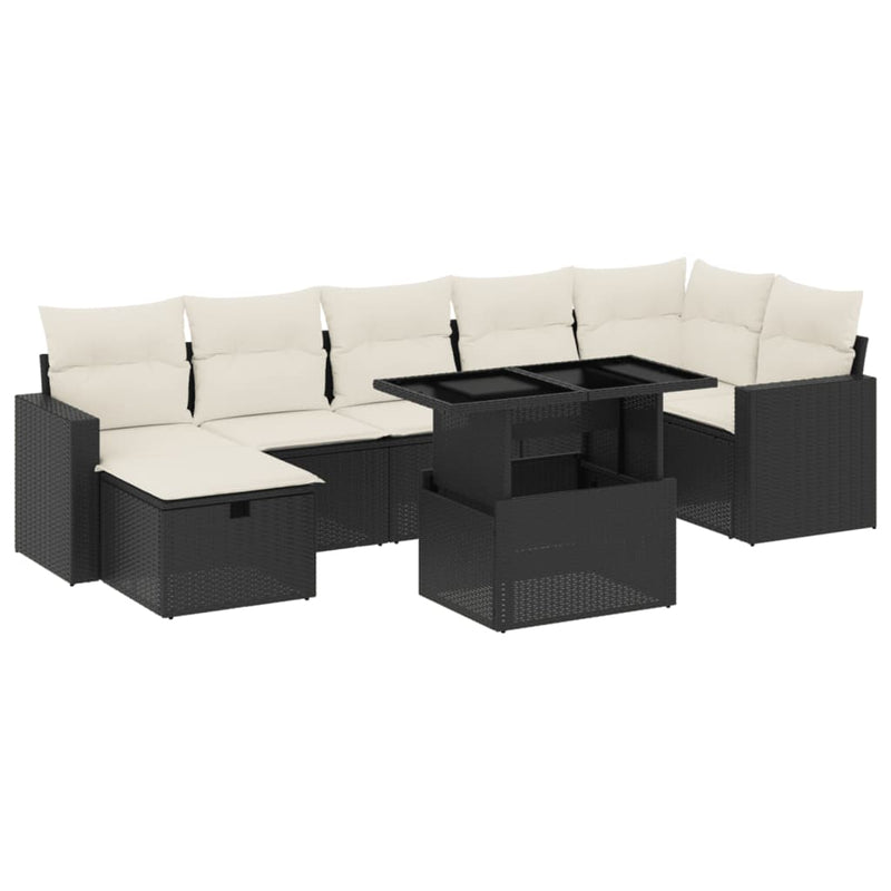 8-delige Loungeset met kussens poly rattan zwart