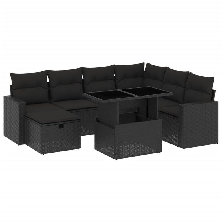 8-delige Loungeset met kussens poly rattan zwart