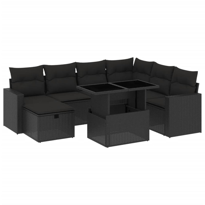 8-delige Loungeset met kussens poly rattan zwart