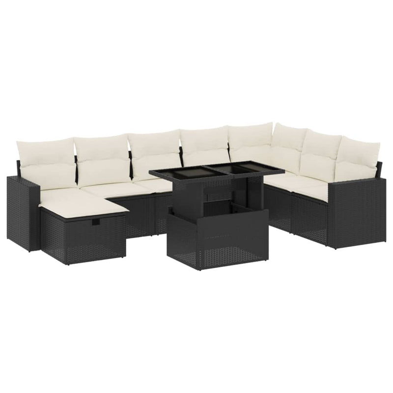 9-delige Loungeset met kussens poly rattan zwart