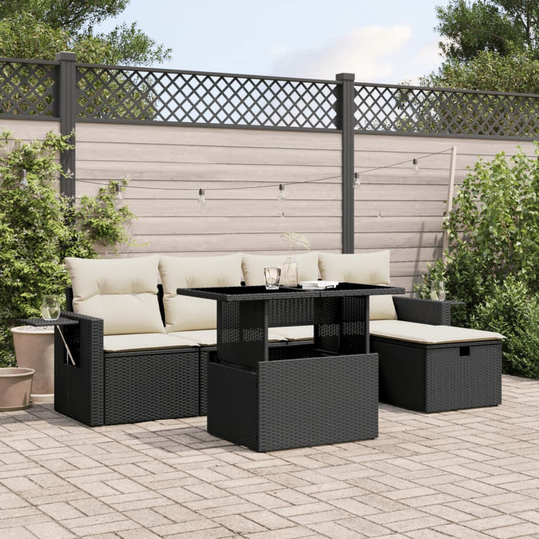 6-delige Loungeset met kussens poly rattan zwart