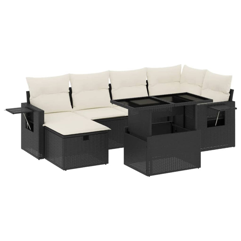 7-delige Loungeset met kussens poly rattan zwart