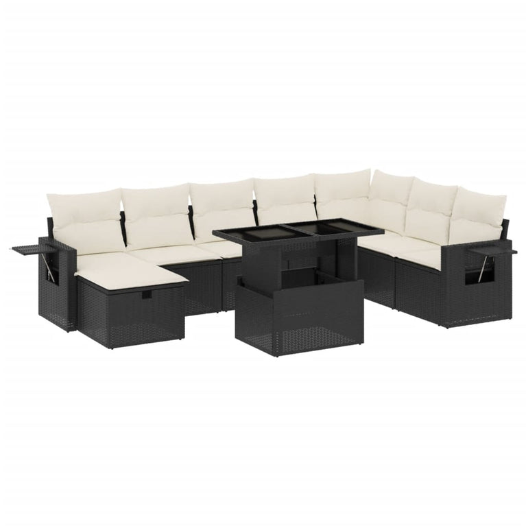 9-delige Loungeset met kussens poly rattan zwart