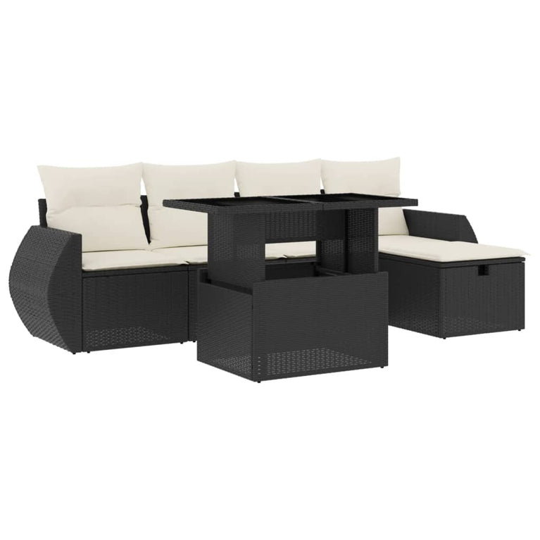 6-delige Loungeset met kussens poly rattan zwart