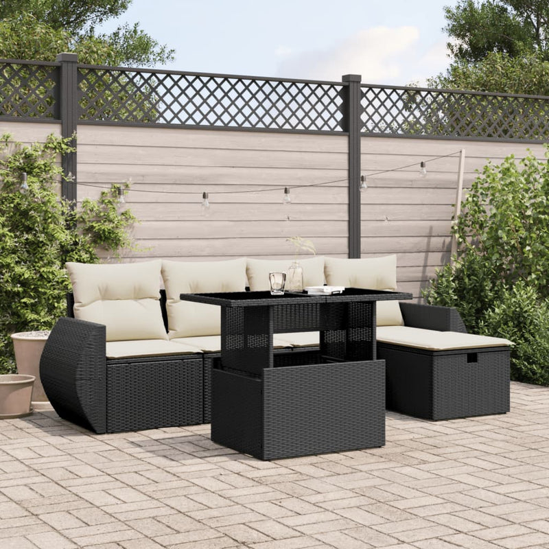 6-delige Loungeset met kussens poly rattan zwart