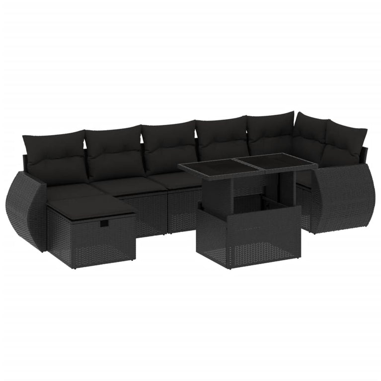 8-delige Loungeset met kussens poly rattan zwart
