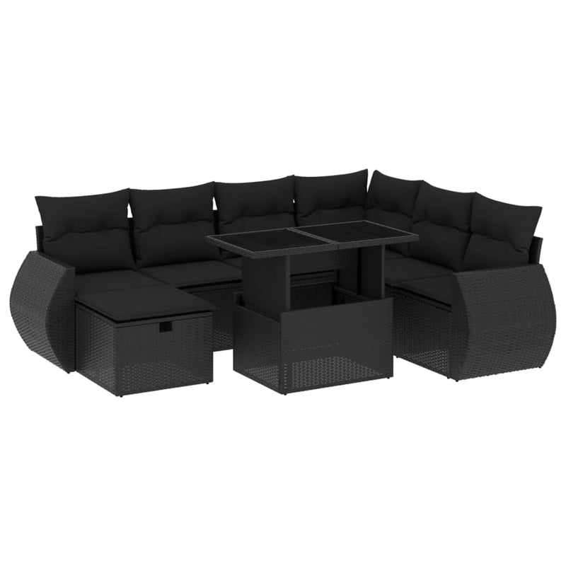 8-delige Loungeset met kussens poly rattan zwart