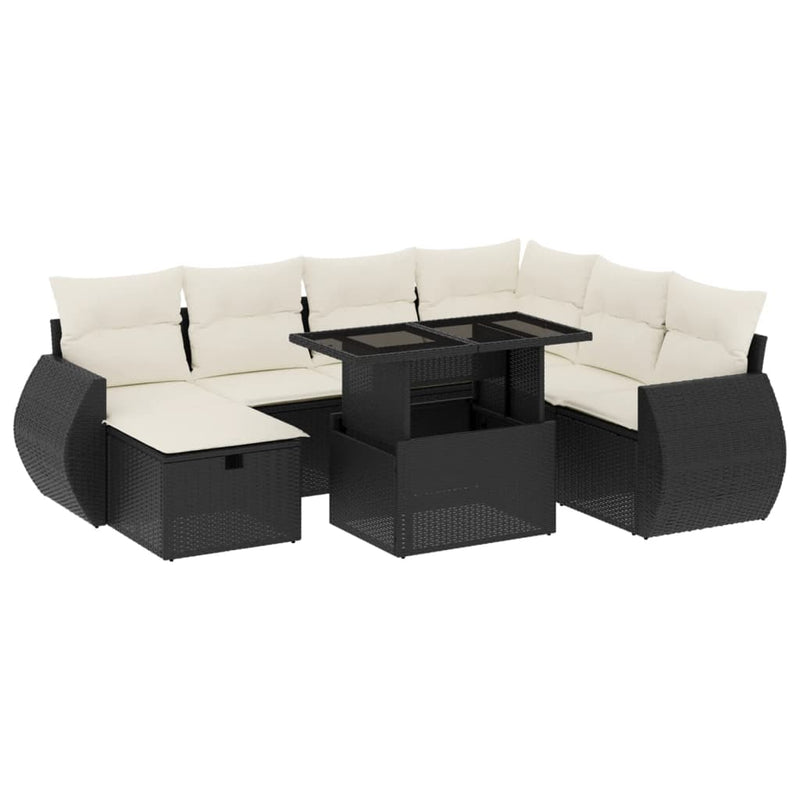 8-delige Loungeset met kussens poly rattan zwart