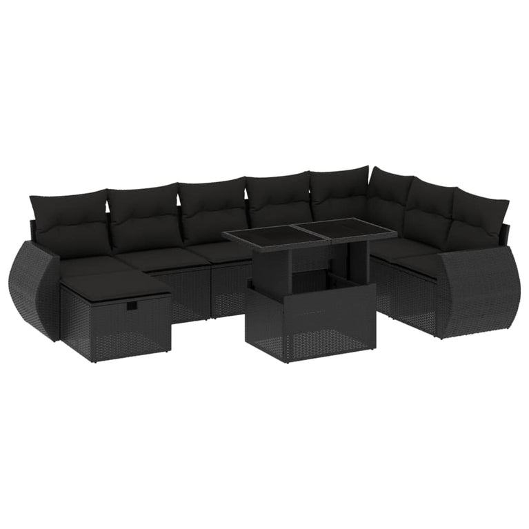 9-delige Loungeset met kussens poly rattan zwart