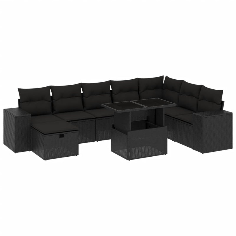 9-delige Loungeset met kussens poly rattan zwart