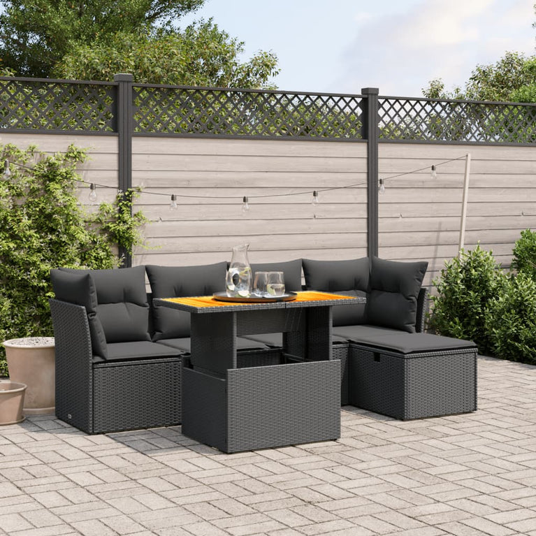 6-delige Loungeset met kussens poly rattan zwart