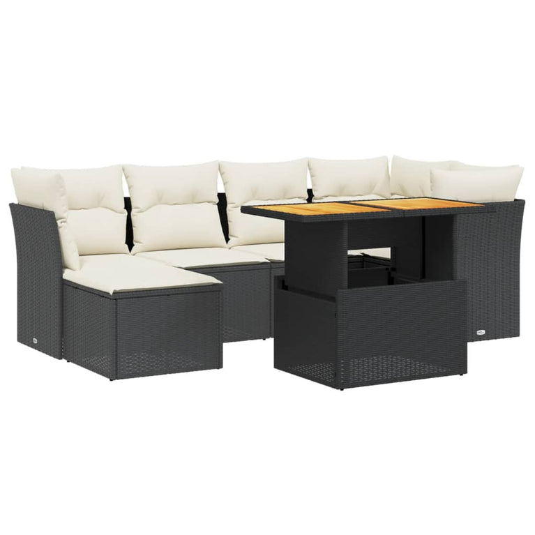 7-delige Loungeset met kussens poly rattan zwart