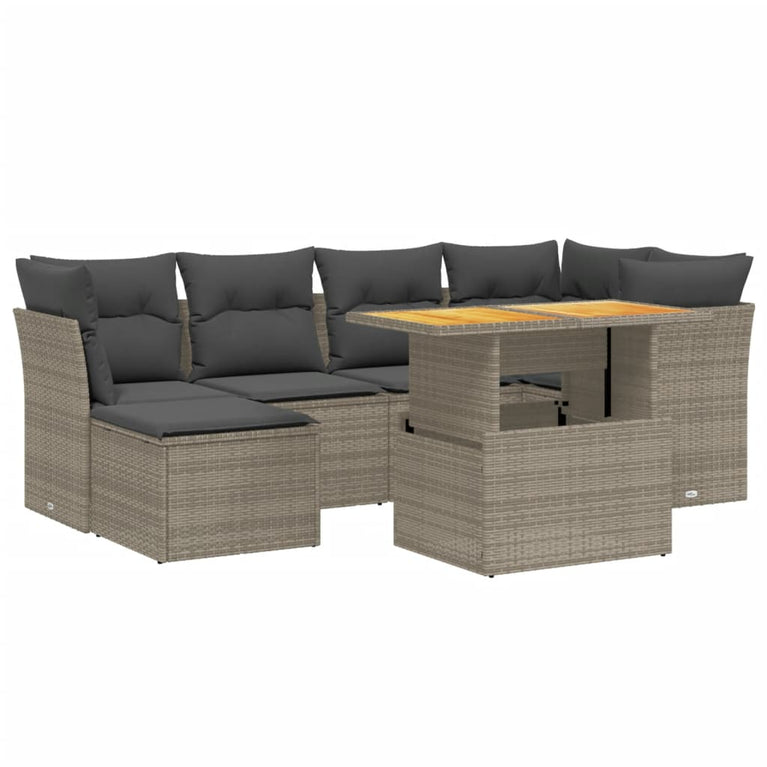 7-delige Loungeset met kussens poly rattan grijs