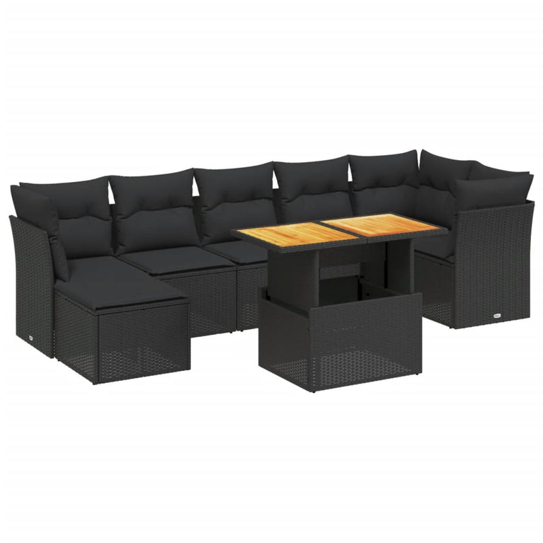 8-delige Loungeset met kussens poly rattan zwart