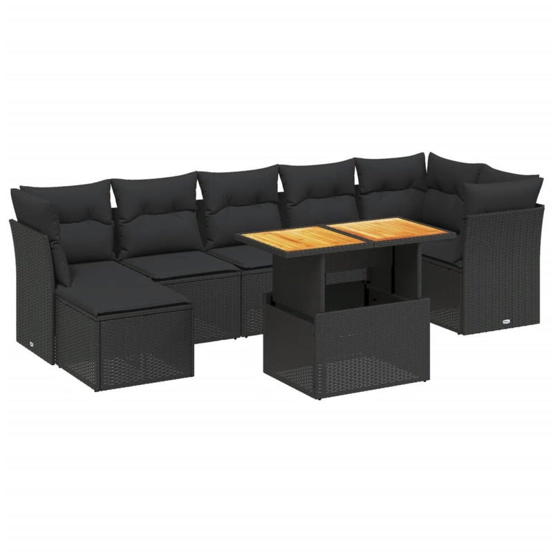 8-delige Loungeset met kussens poly rattan zwart