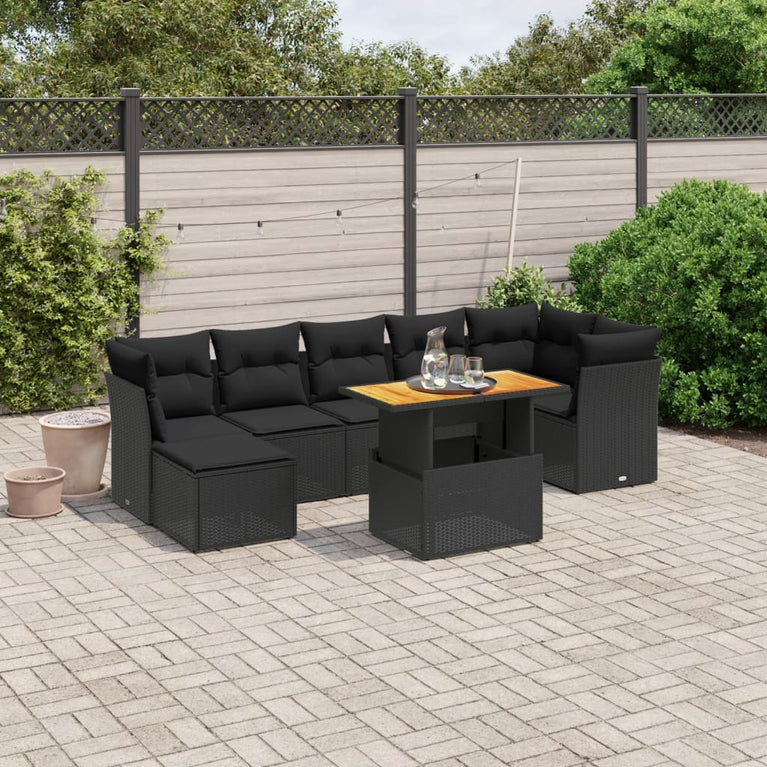 8-delige Loungeset met kussens poly rattan zwart
