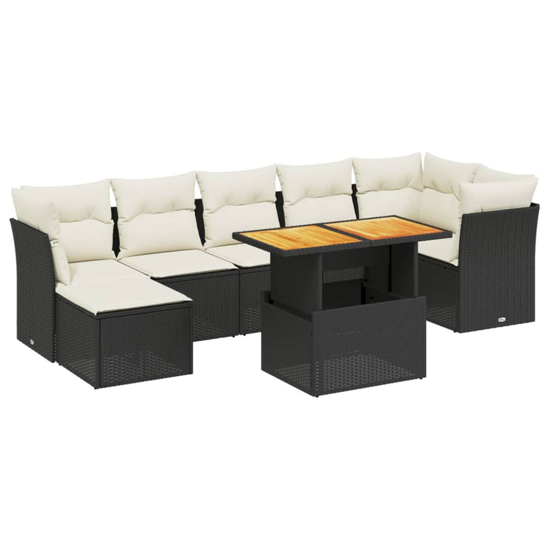 8-delige Loungeset met kussens poly rattan zwart