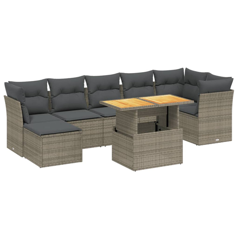 8-delige Loungeset met kussens poly rattan grijs