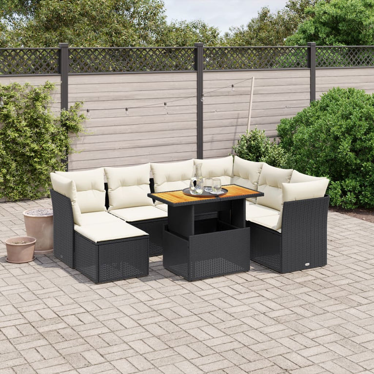 8-delige Loungeset met kussens poly rattan zwart