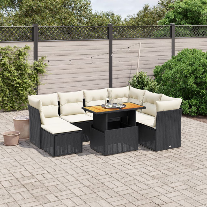 8-delige Loungeset met kussens poly rattan zwart