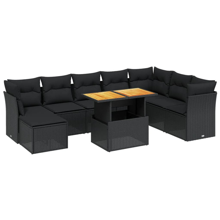 9-delige Loungeset met kussens poly rattan zwart