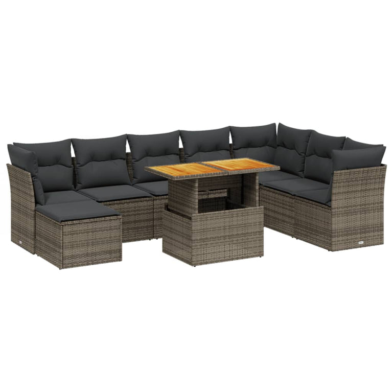 9-delige Loungeset met kussens poly rattan grijs