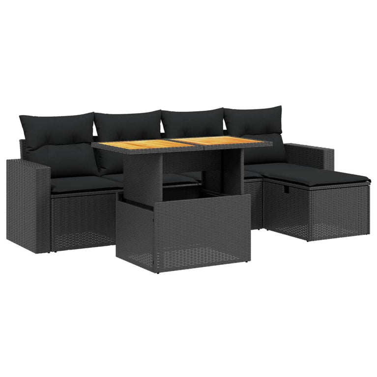 6-delige Loungeset met kussens poly rattan zwart