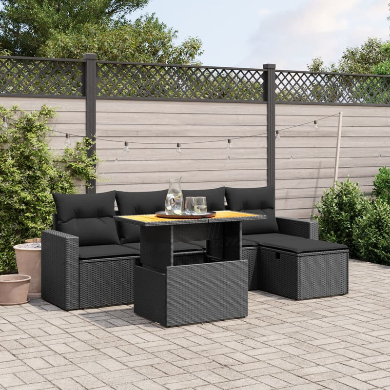 6-delige Loungeset met kussens poly rattan zwart