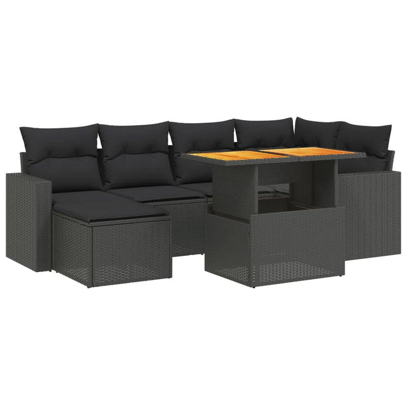 7-delige Loungeset met kussens poly rattan zwart