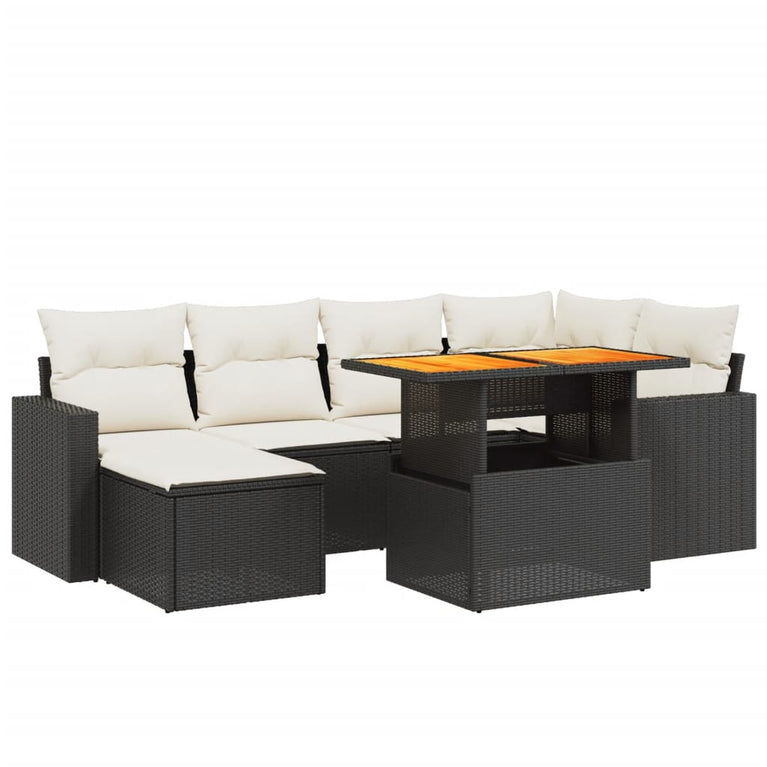 7-delige Loungeset met kussens poly rattan zwart