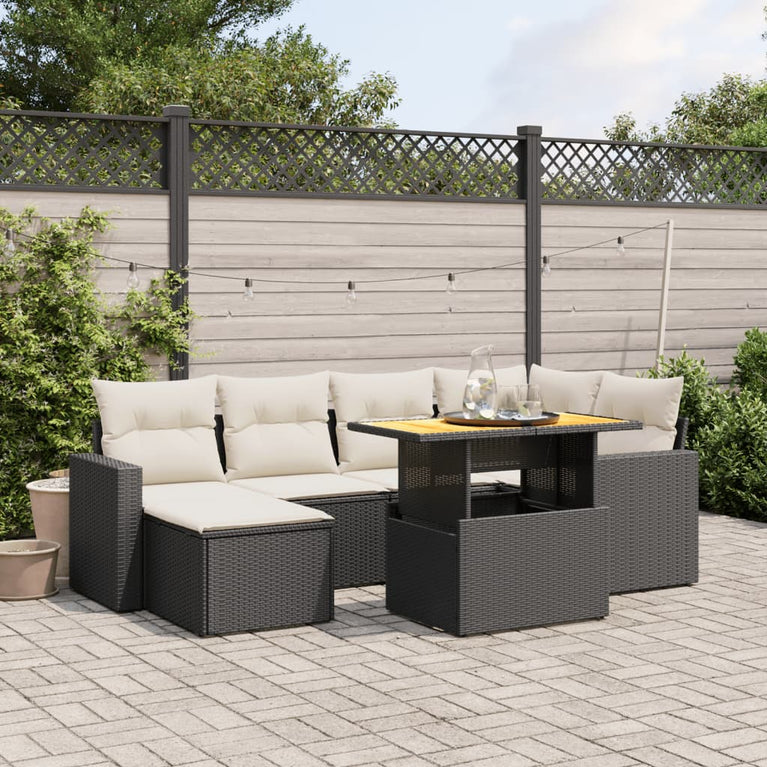 7-delige Loungeset met kussens poly rattan zwart