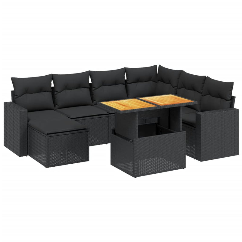 8-delige Loungeset met kussens poly rattan zwart