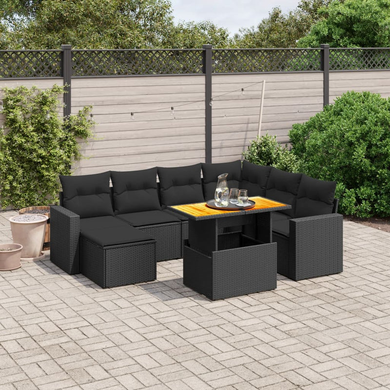 8-delige Loungeset met kussens poly rattan zwart