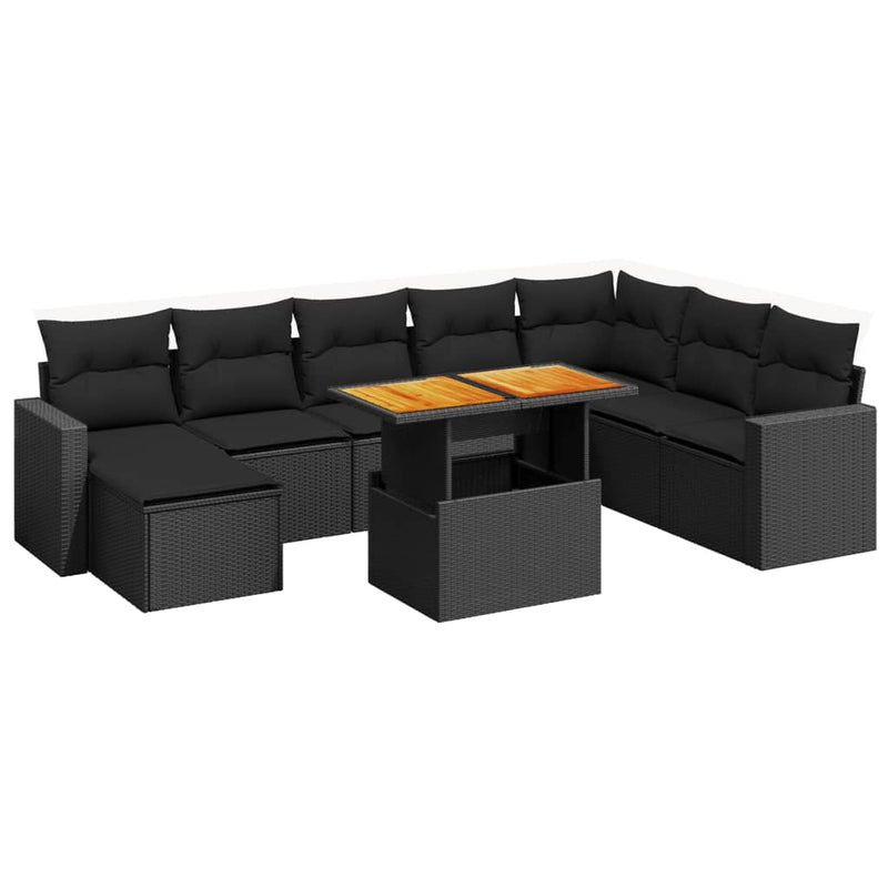9-delige Loungeset met kussens poly rattan zwart