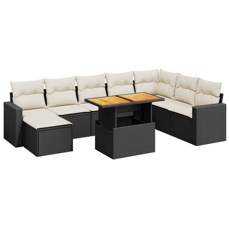 9-delige Loungeset met kussens poly rattan zwart