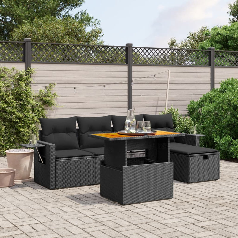 6-delige Loungeset met kussens poly rattan zwart