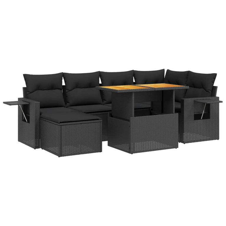 7-delige Loungeset met kussens poly rattan zwart